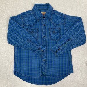 Wrangler 20x boys blue plaid snap western shirt small